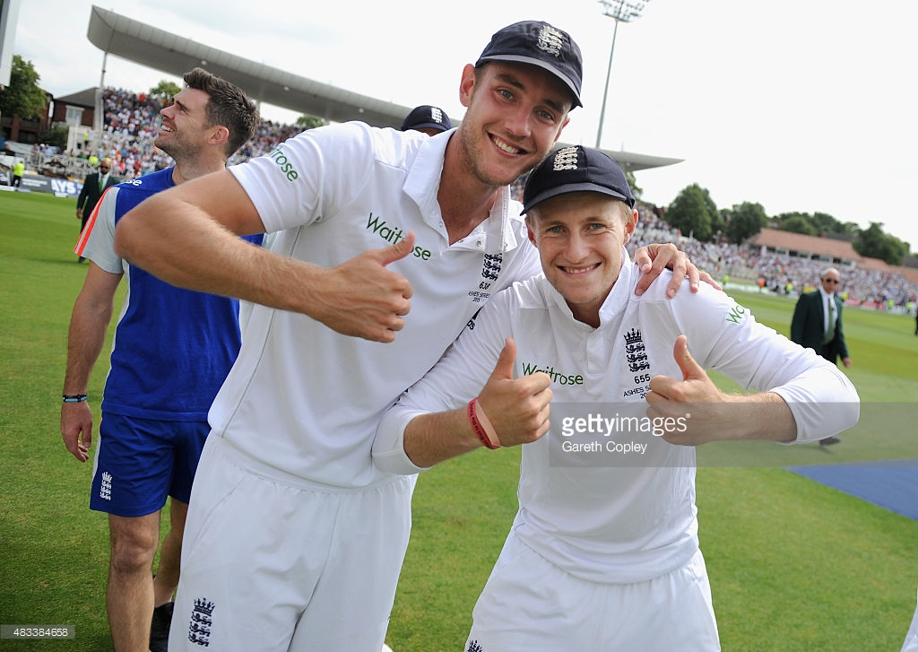 ASHES WIN: Stuart Broad and Joe Root celebrate after winning the fourth Investec Ashes Test Match