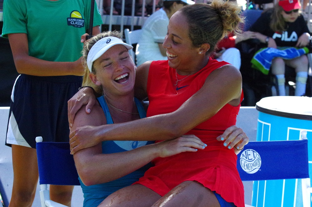 Madison Keys & Coco Vandeweghe share a laugh after Keys wins WTA Stanford Bank of the West Classic