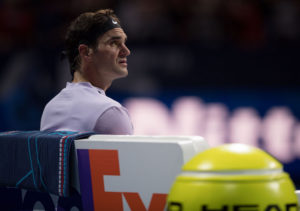 Roger Federer in the semi-final of the 2017 Nitto ATP Finals, London