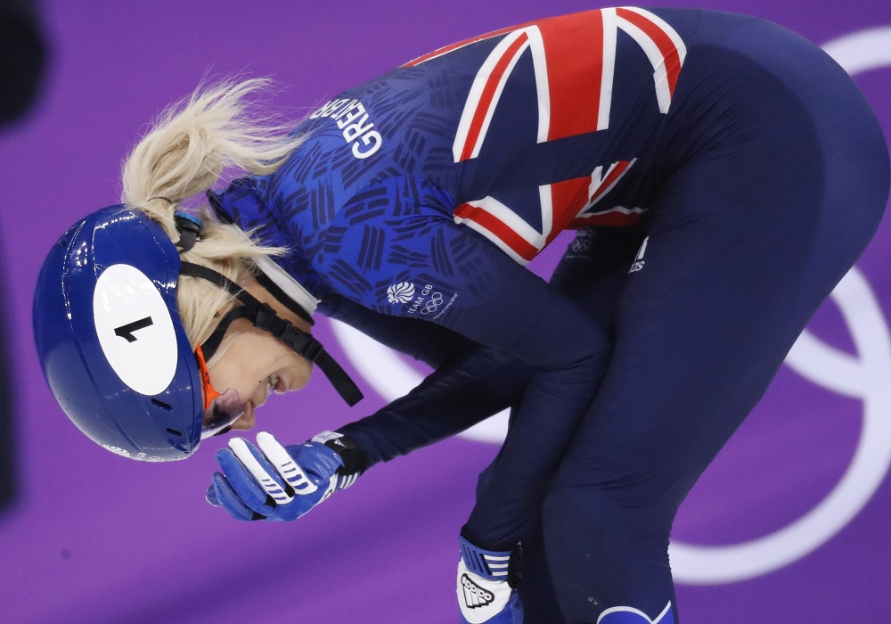 Elise Christie of Great Britain after falling in the final of the Short Track 500m, Winter Olympics Pyeongchang 2018