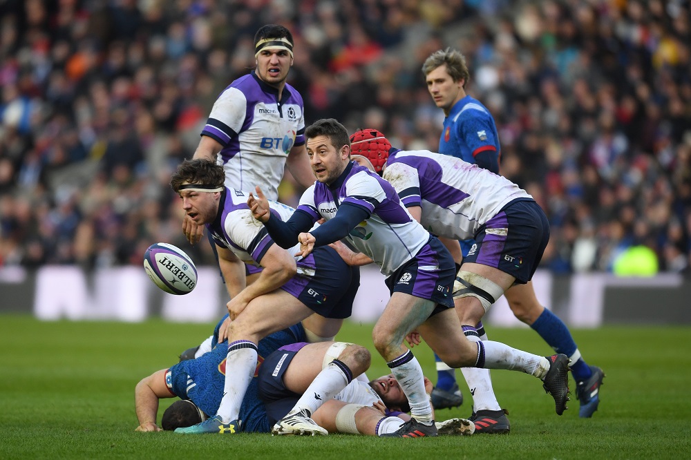 Grieg Laidlaw of Scotland in the Six Nations 2018, against France.