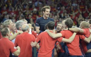 Andy Murray celebrates with the GB team on winning the Davis Cup Final 2015