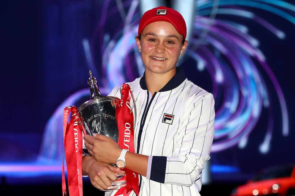 Ashleigh Barty with the Billie Jean King Trophy at the 2019 WTA Finals in Shenzhen, China