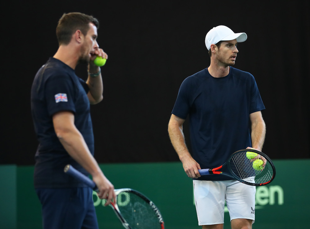 Leon Smith and Andy Murray in a GB practice session at the 2019 Davis Cup Finals, Madrid