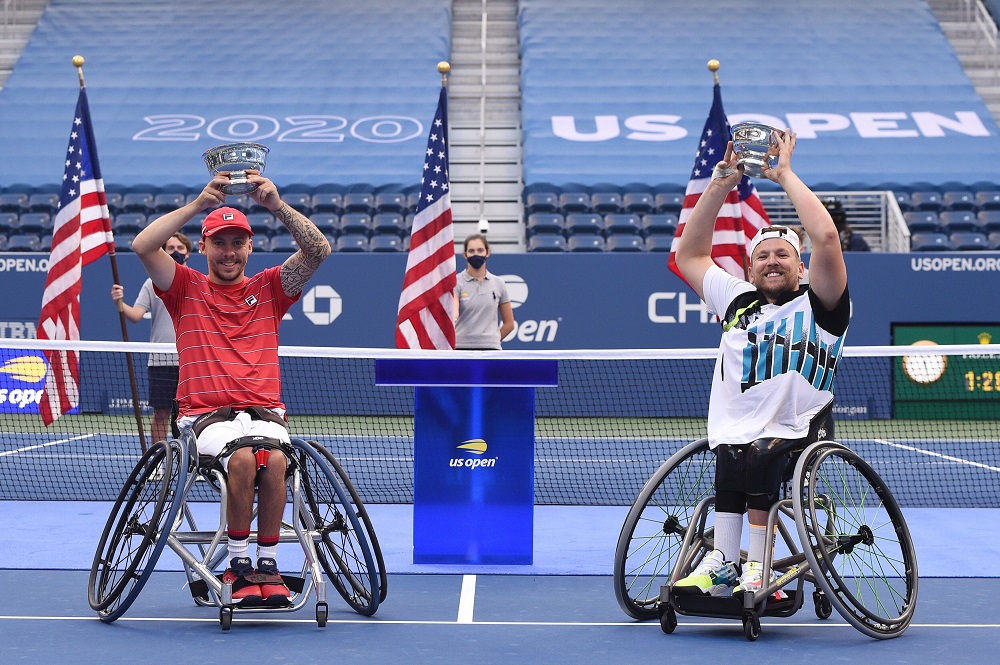 Andy Lapthorn and Dylan Alcott win the Quads Doubles title at the 2020 US Open in New York, USA