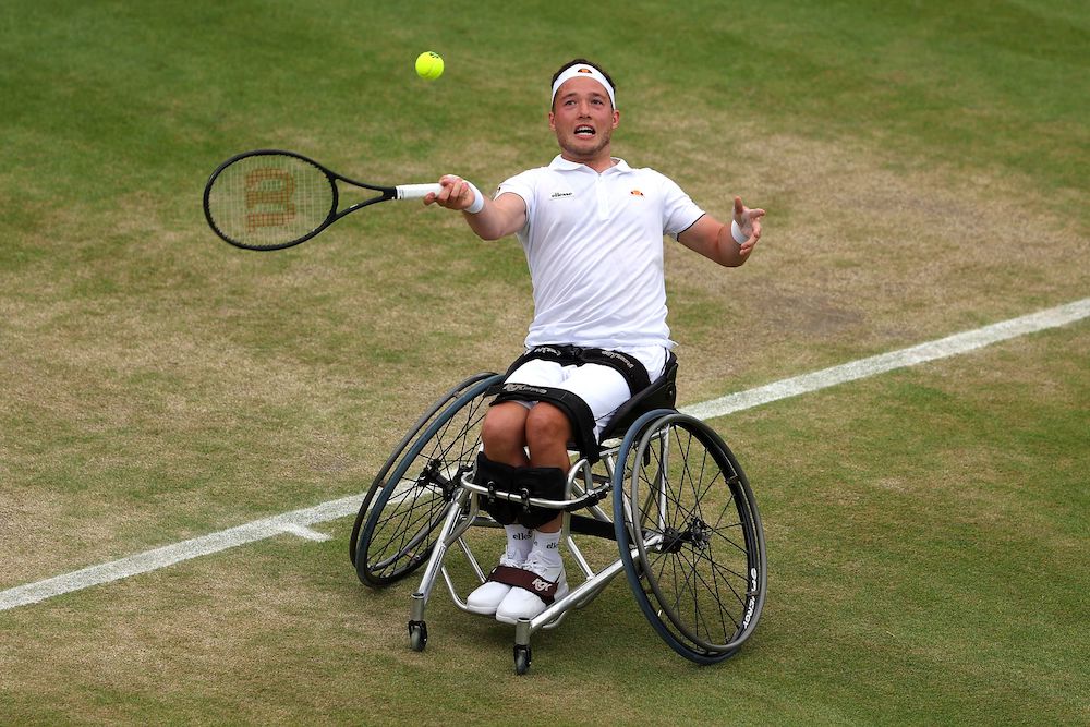 Alfie Hewett in the men's wheelchair singles quarter-finals at Wimbledon 2022, London,UK