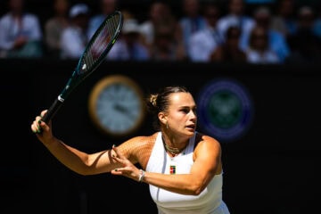 Aryna Sabalenka in the quarter-final of Wimbledon 2025, London, UK